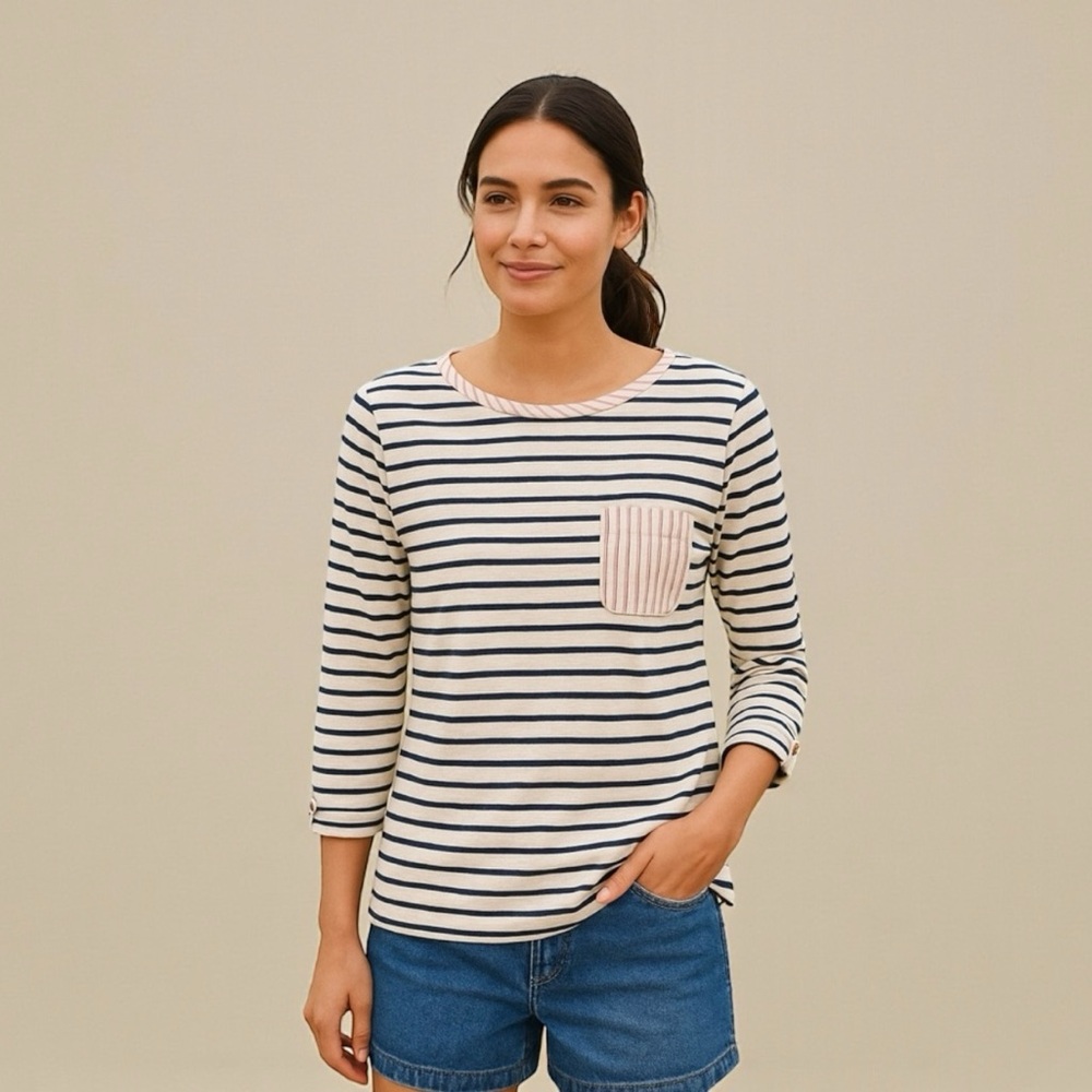 Boden Navy Ivory Stripe Top Pocket Tab Sleeve‎ 100% Cotton Portugal